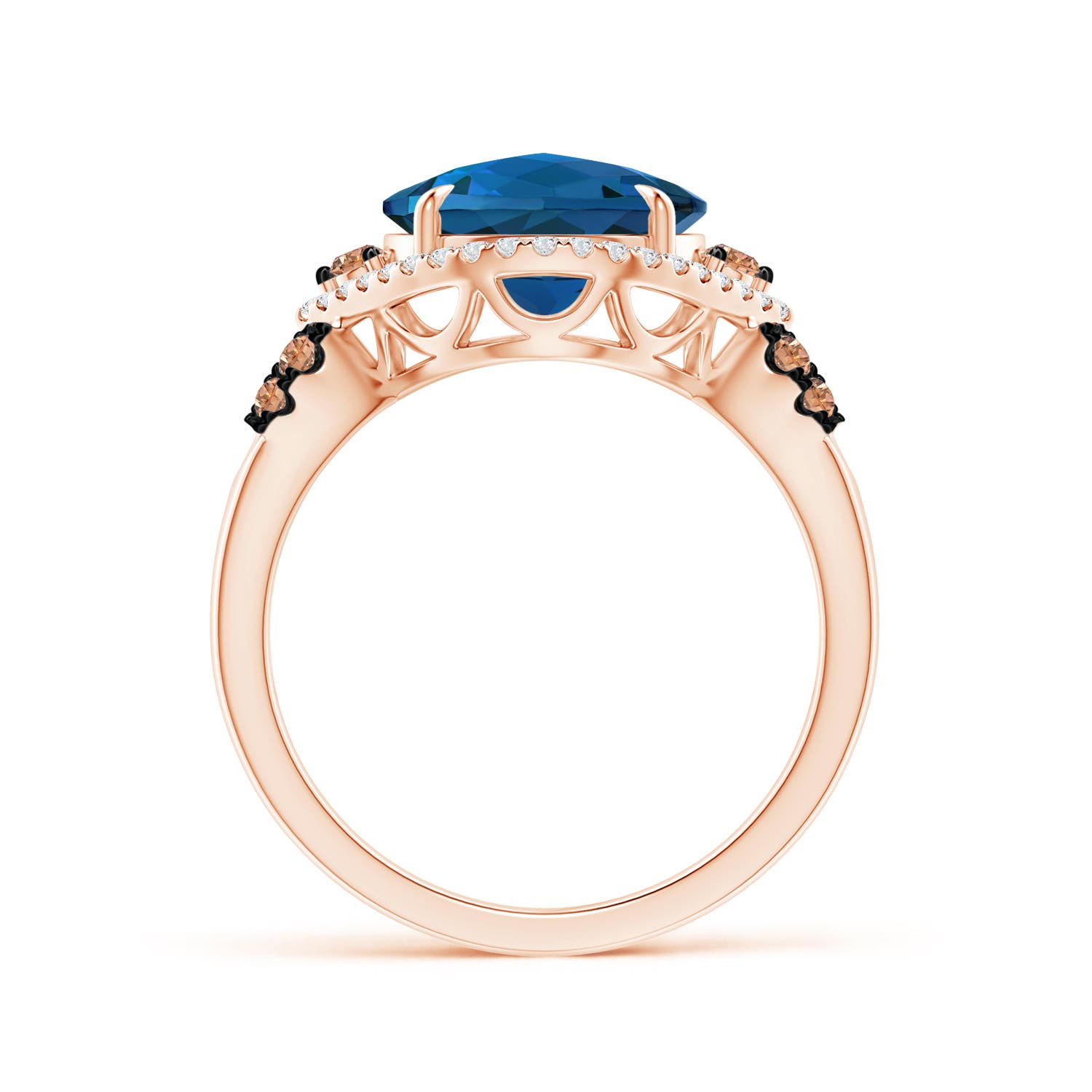 10mm AAAA London Blue Topaz Cocktail Ring with Coffee Diamond Accents in Rose Gold - side 1