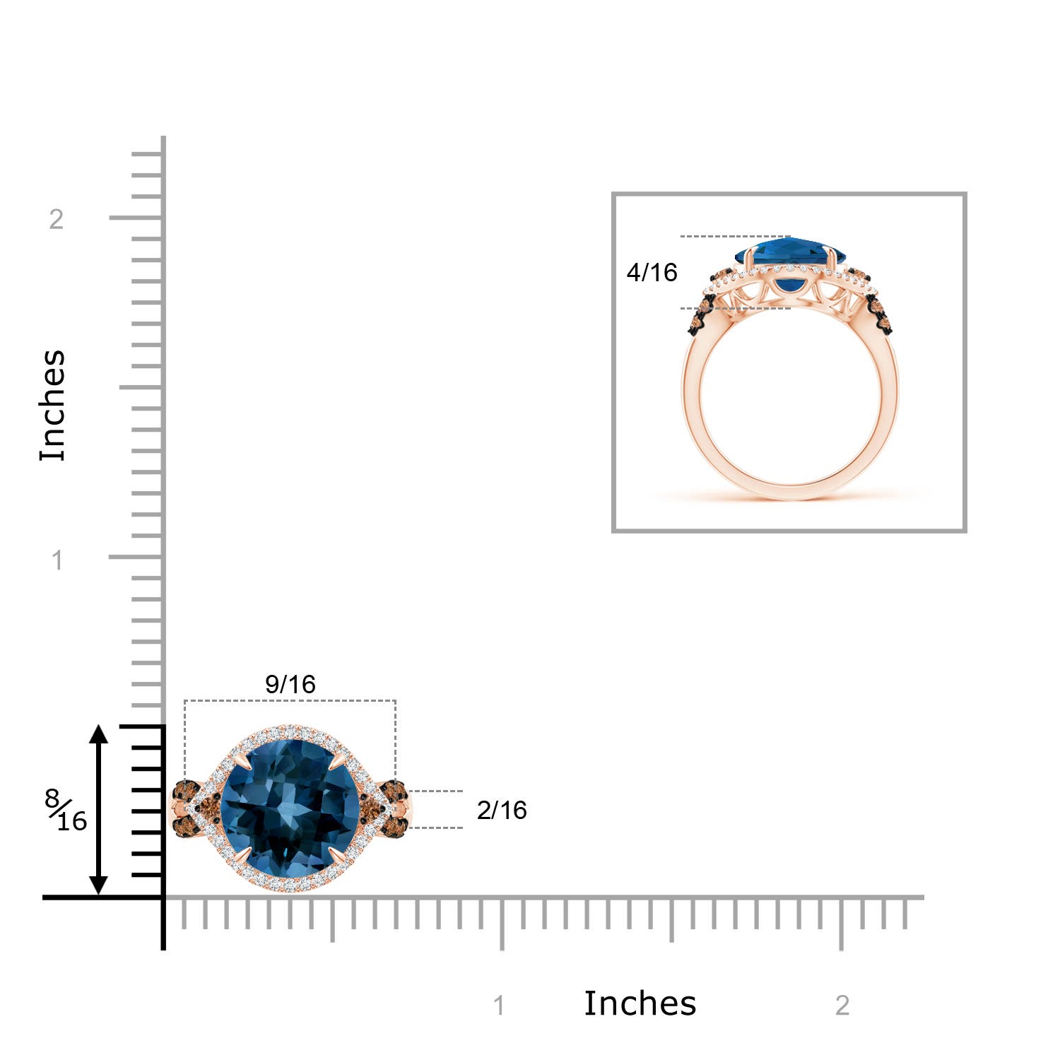 10mm AAAA London Blue Topaz Cocktail Ring with Coffee Diamond Accents in Rose Gold - ruler