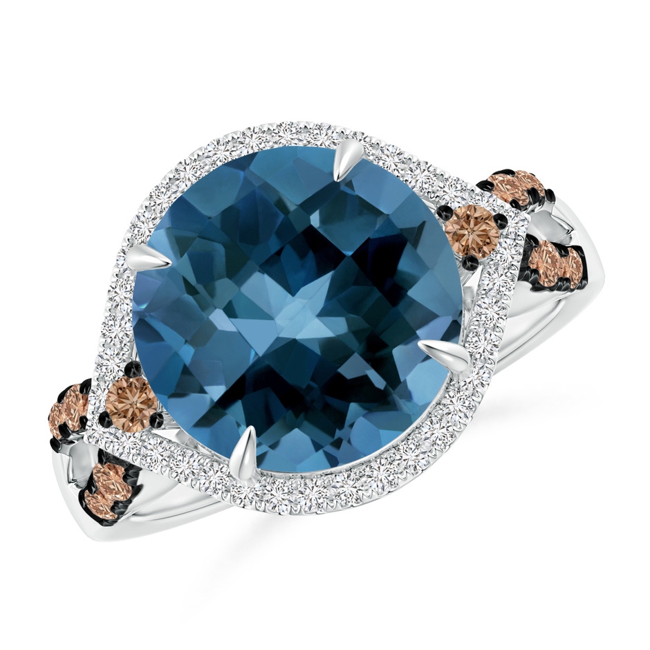 11mm AAA London Blue Topaz Cocktail Ring with Coffee Diamond Accents in White Gold 