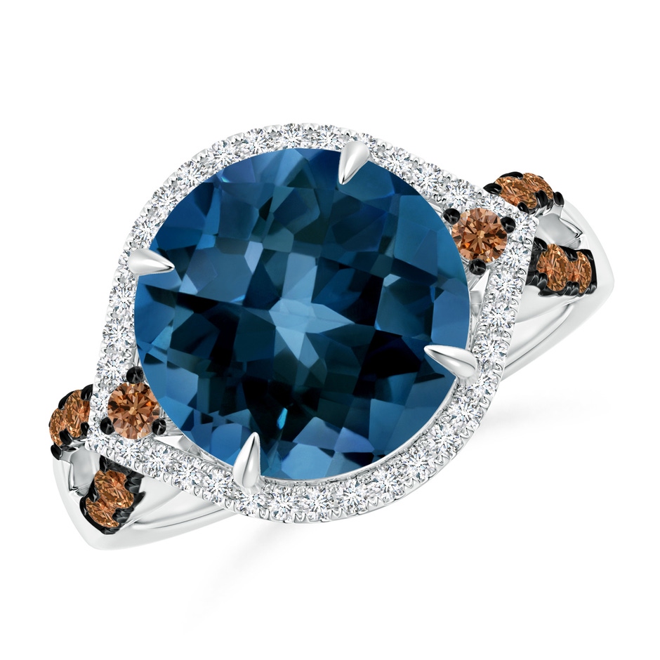 11mm AAAA London Blue Topaz Cocktail Ring with Coffee Diamond Accents in White Gold 
