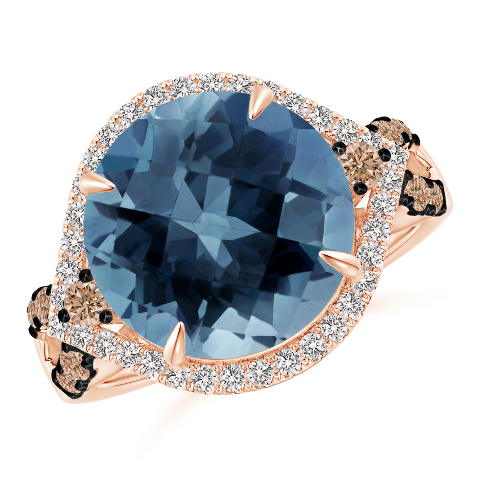 12mm AA London Blue Topaz Cocktail Ring with Coffee Diamond Accents in Rose Gold 