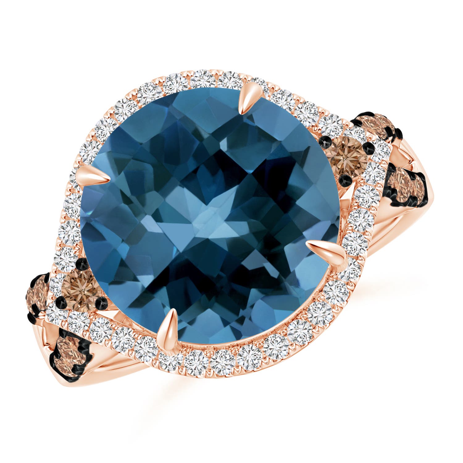 12mm AAA London Blue Topaz Cocktail Ring with Coffee Diamond Accents in Rose Gold