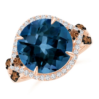 12mm AAAA London Blue Topaz Cocktail Ring with Coffee Diamond Accents in Rose Gold