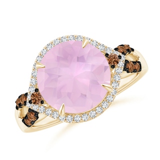 10mm AAAA Round Rose Quartz Cocktail Ring with Coffee Diamond Accents in Yellow Gold
