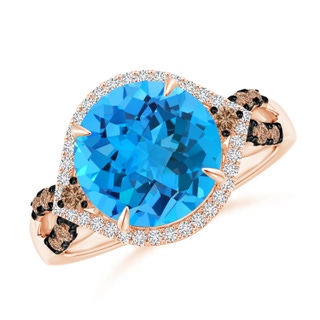 10mm AAA Swiss Blue Topaz Cocktail Ring with Coffee Diamond Accents in Rose Gold