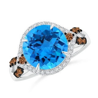 10mm AAAA Swiss Blue Topaz Cocktail Ring with Coffee Diamond Accents in White Gold