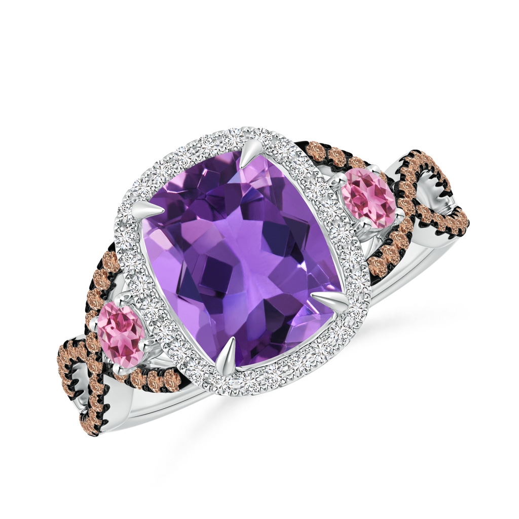 9x7mm AAA Amethyst and Pink Tourmaline Crossover Ring with Halo in White Gold