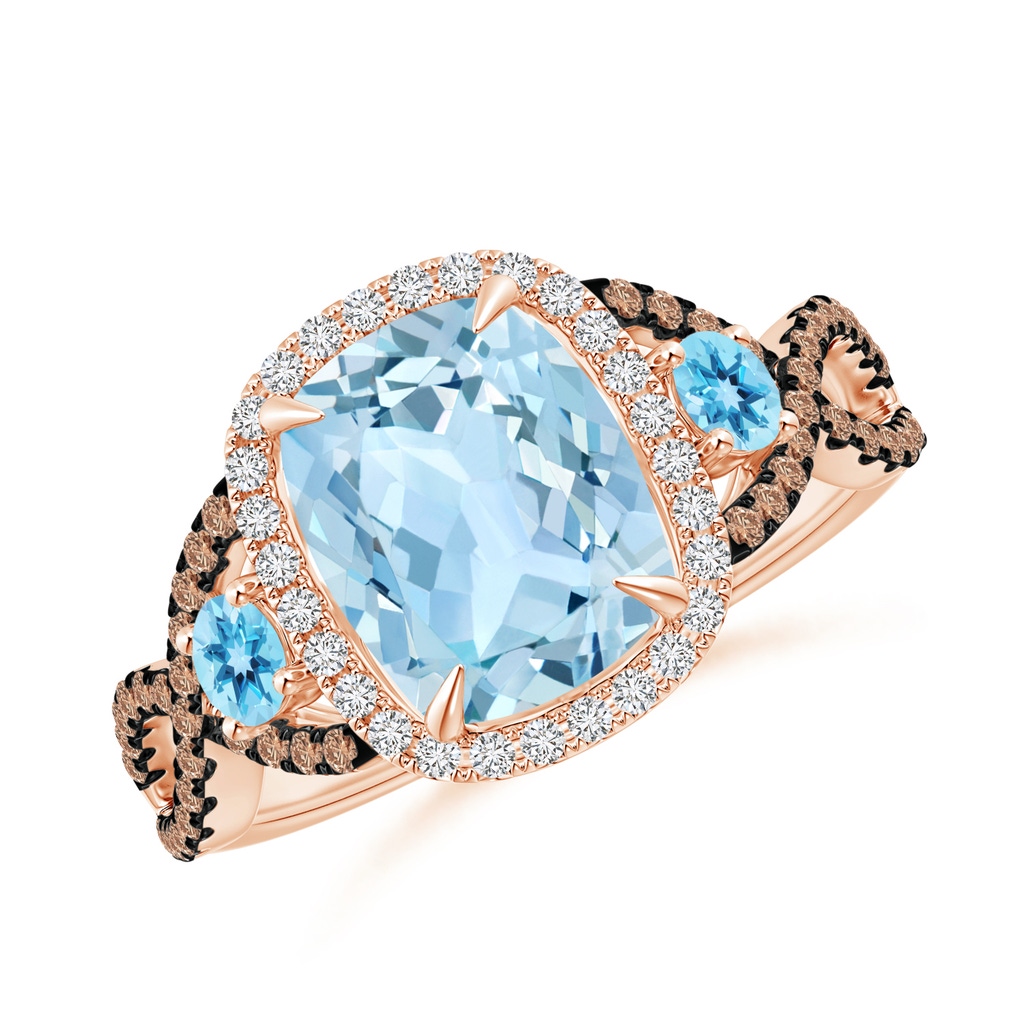 9x7mm AAA Aquamarine and Swiss Blue Topaz Ring Crossover with Halo in Rose Gold