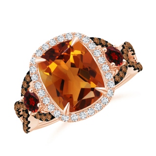 10x8mm AAAA Citrine and Garnet Crossover Ring with Halo in Rose Gold