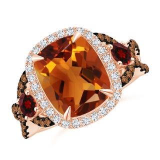 11x9mm AAAA Citrine and Garnet Crossover Ring with Halo in Rose Gold