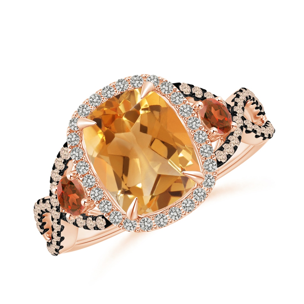 9x7mm A Citrine and Garnet Crossover Ring with Halo in 9K Rose Gold 