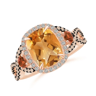 9x7mm A Citrine and Garnet Crossover Ring with Halo in 9K Rose Gold