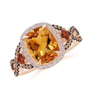 9x7mm AA Citrine and Garnet Crossover Ring with Halo in 9K Rose Gold