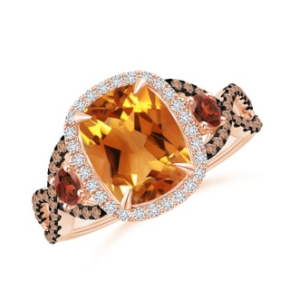 9x7mm AAA Citrine and Garnet Crossover Ring with Halo in 9K Rose Gold