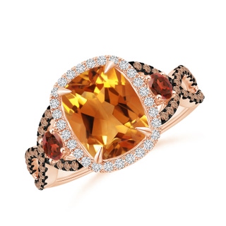 9x7mm AAA Citrine and Garnet Crossover Ring with Halo in Rose Gold