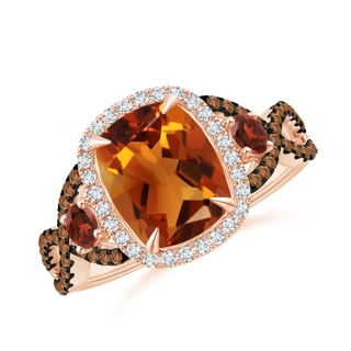 9x7mm AAAA Citrine and Garnet Crossover Ring with Halo in 9K Rose Gold