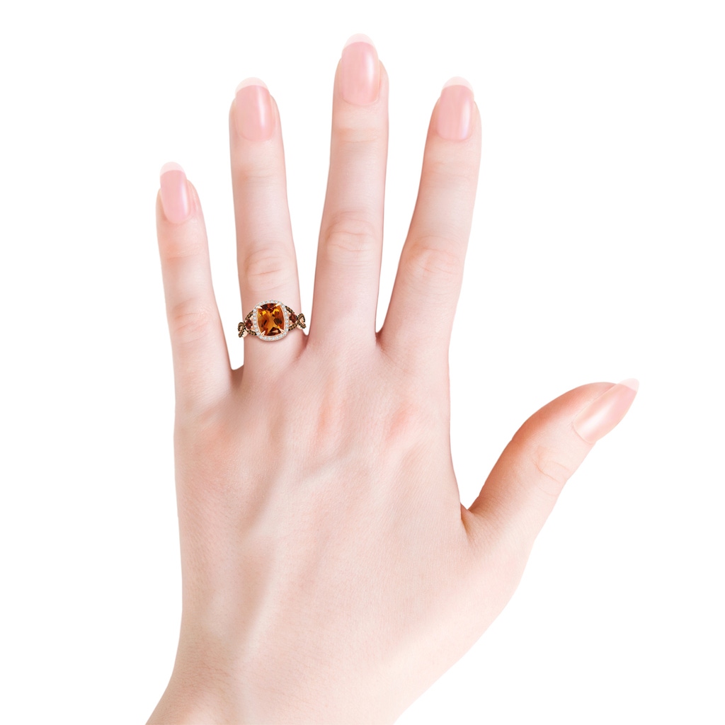 9x7mm AAAA Citrine and Garnet Crossover Ring with Halo in Rose Gold Body-Hand