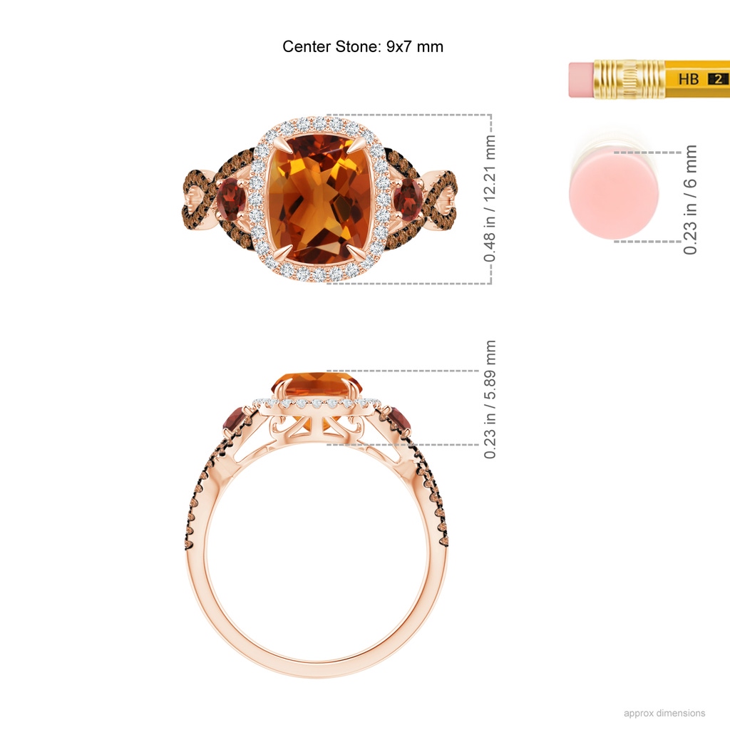 9x7mm AAAA Citrine and Garnet Crossover Ring with Halo in Rose Gold Ruler