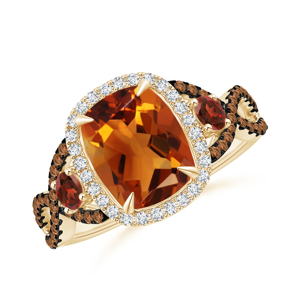 9x7mm AAAA Citrine and Garnet Crossover Ring with Halo in Yellow Gold