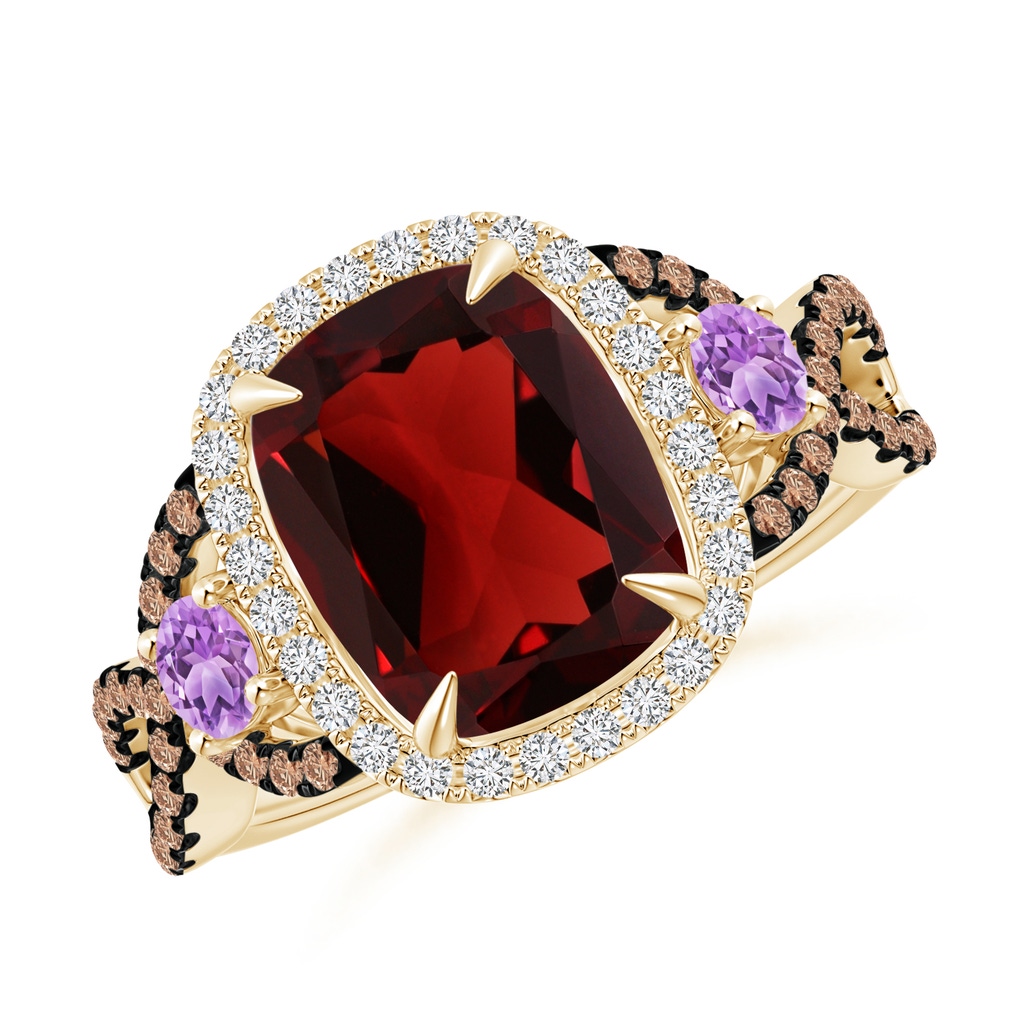 10x8mm AAA Garnet and Amethyst Crossover Ring with Halo in Yellow Gold