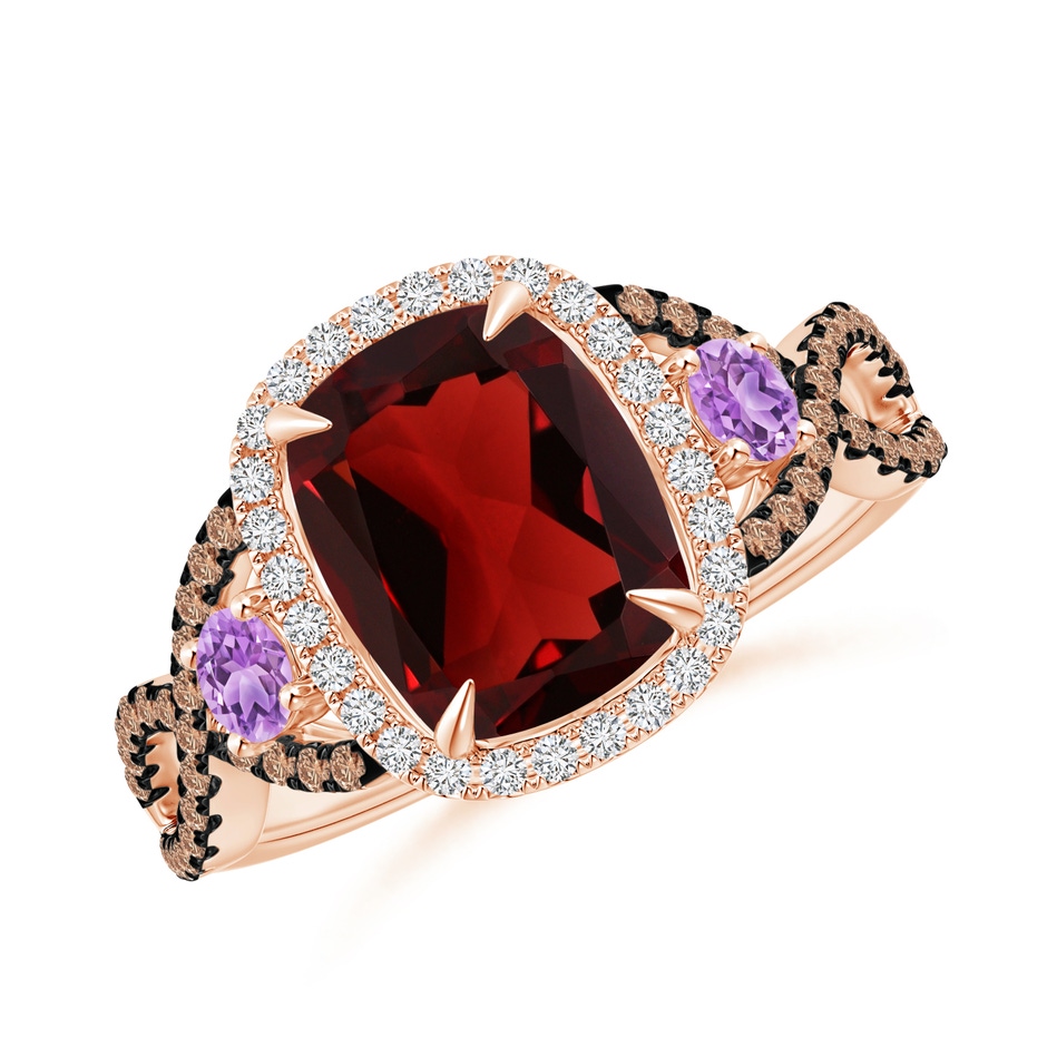 9x7mm AAA Garnet and Amethyst Crossover Ring with Halo in Rose Gold 