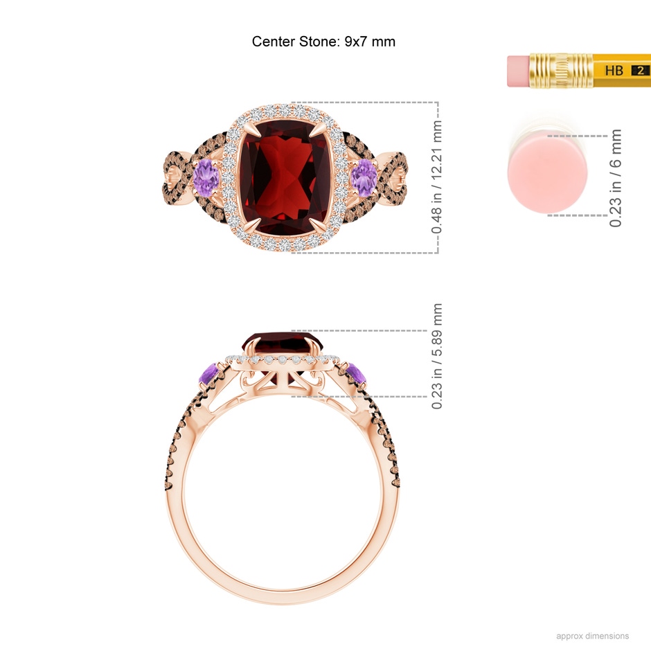 9x7mm AAA Garnet and Amethyst Crossover Ring with Halo in Rose Gold ruler