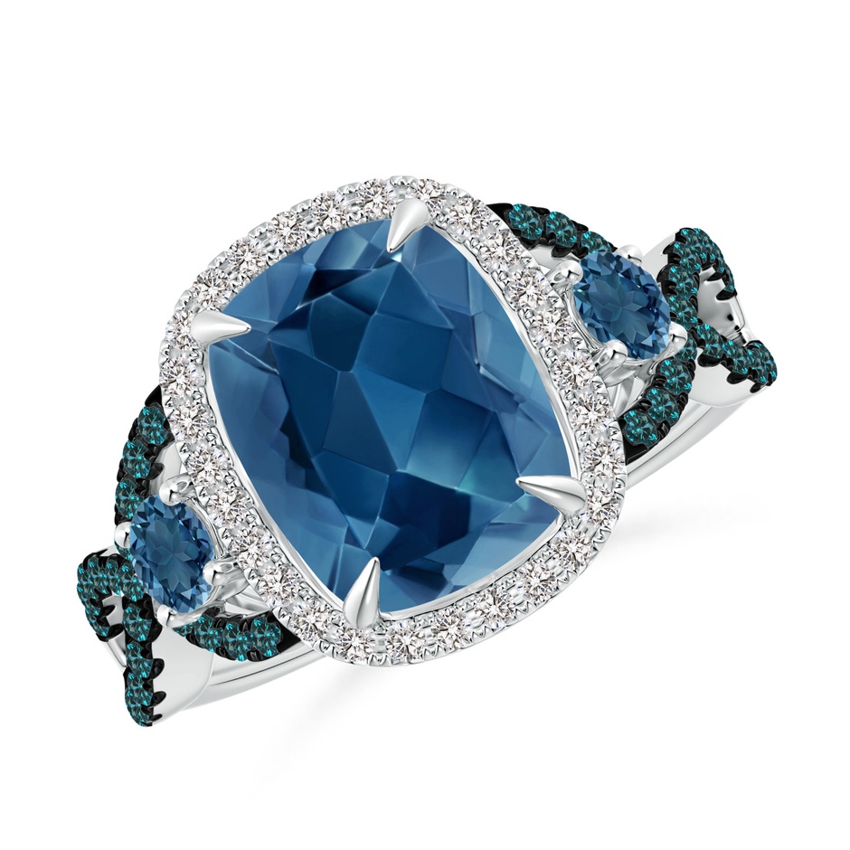 10x8mm AA Cushion London Blue Topaz Crossover Ring with Diamond Halo in White Gold 