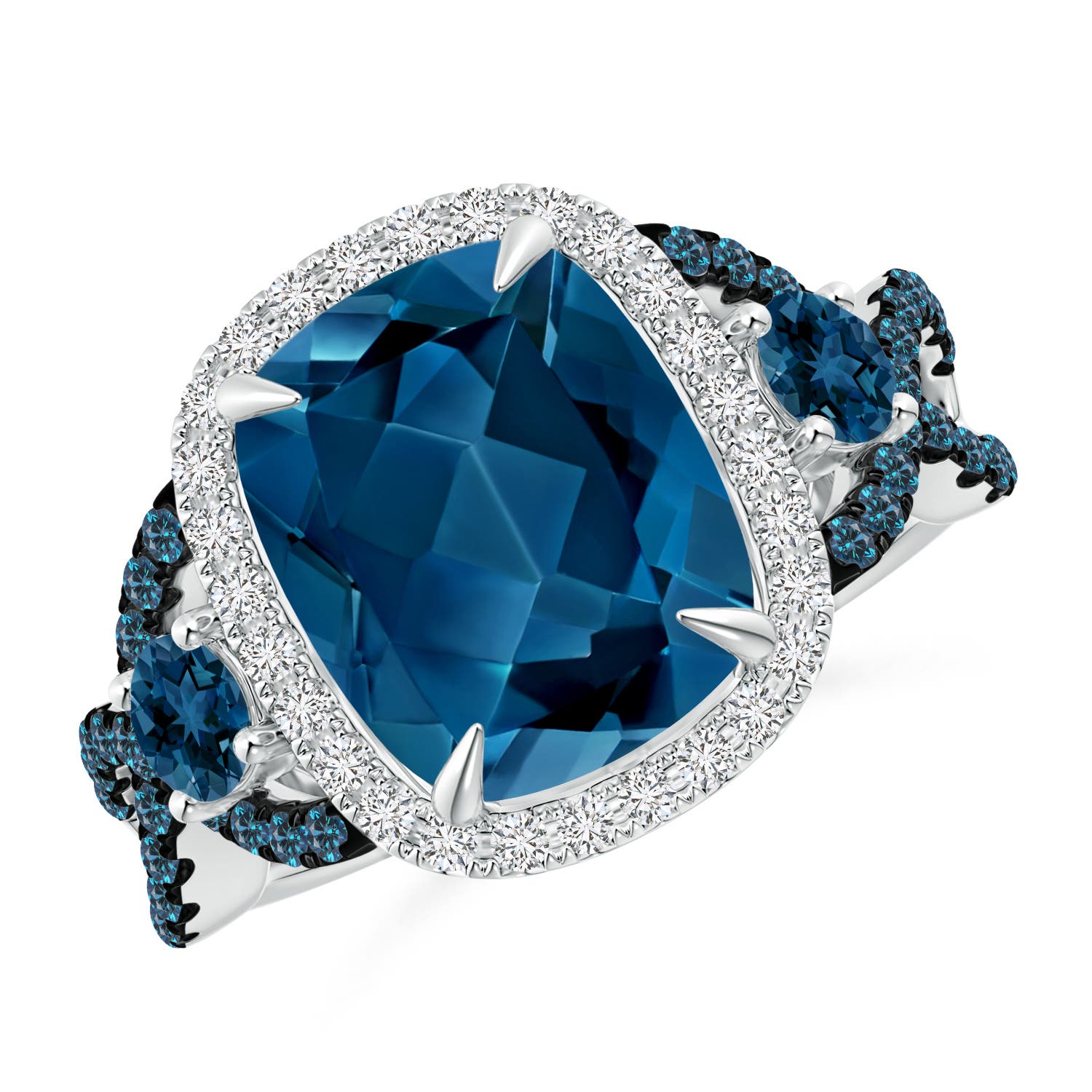 Cushion London Blue Topaz Crossover Ring with Diamond Halo | Angara