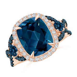 11x9mm AAAA Cushion London Blue Topaz Crossover Ring with Diamond Halo in Rose Gold