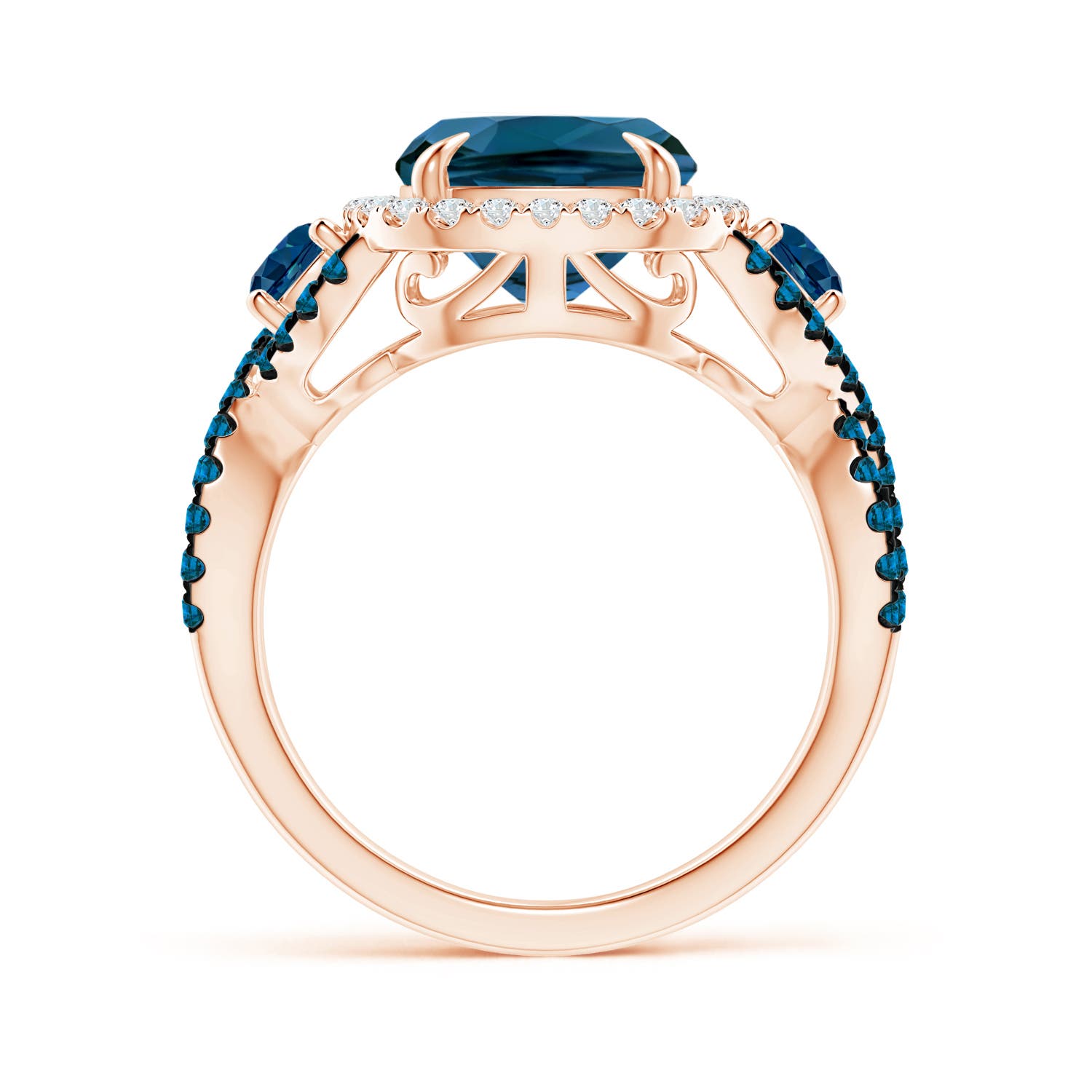 11x9mm AAAA Cushion London Blue Topaz Crossover Ring with Diamond Halo in Rose Gold