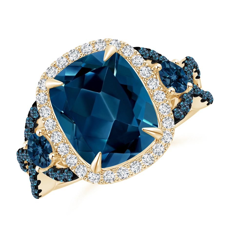 11x9mm AAAA Cushion London Blue Topaz Crossover Ring with Diamond Halo in Yellow Gold 