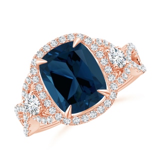 10.19x8.12x5.91mm AAAA GIA Certified London Blue Topaz Crossover Ring with Halo in 18K Rose Gold