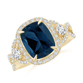 10.19x8.12x5.91mm AAAA GIA Certified London Blue Topaz Crossover Ring with Halo in 18K Yellow Gold
