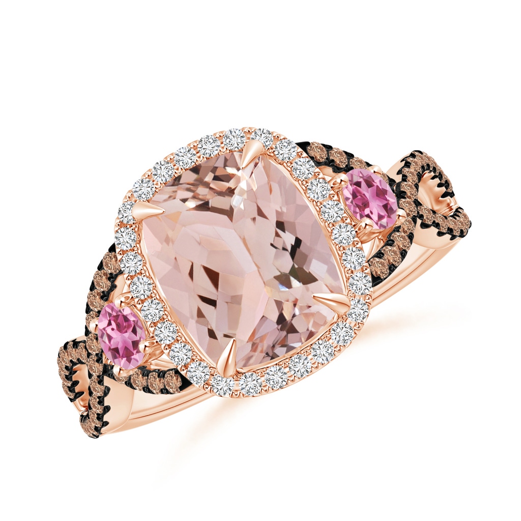 9x7mm AAA Morganite and Pink Tourmaline Crossover Ring with Halo in Rose Gold