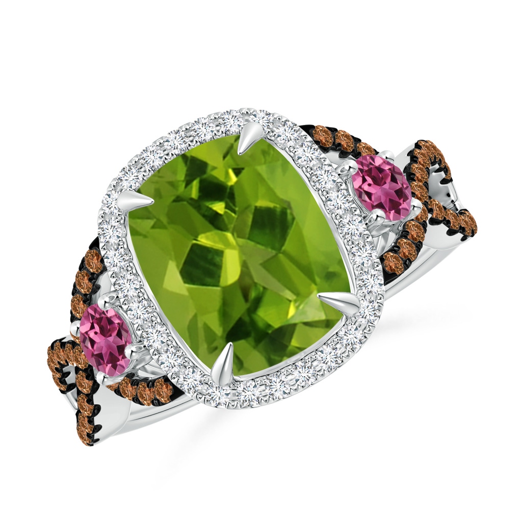 10x8mm AAAA Peridot and Pink Tourmaline Crossover Ring with Halo in White Gold