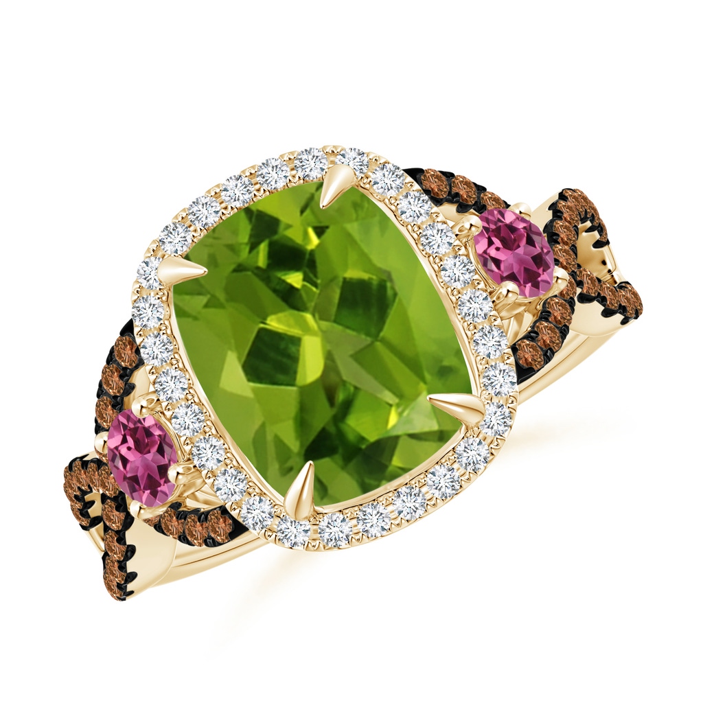 10x8mm AAAA Peridot and Pink Tourmaline Crossover Ring with Halo in Yellow Gold