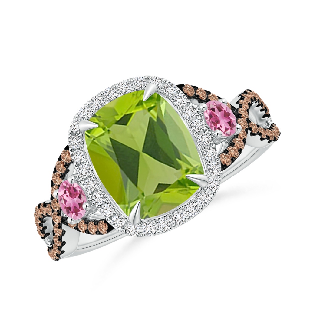 9x7mm AAA Peridot and Pink Tourmaline Crossover Ring with Halo in White Gold