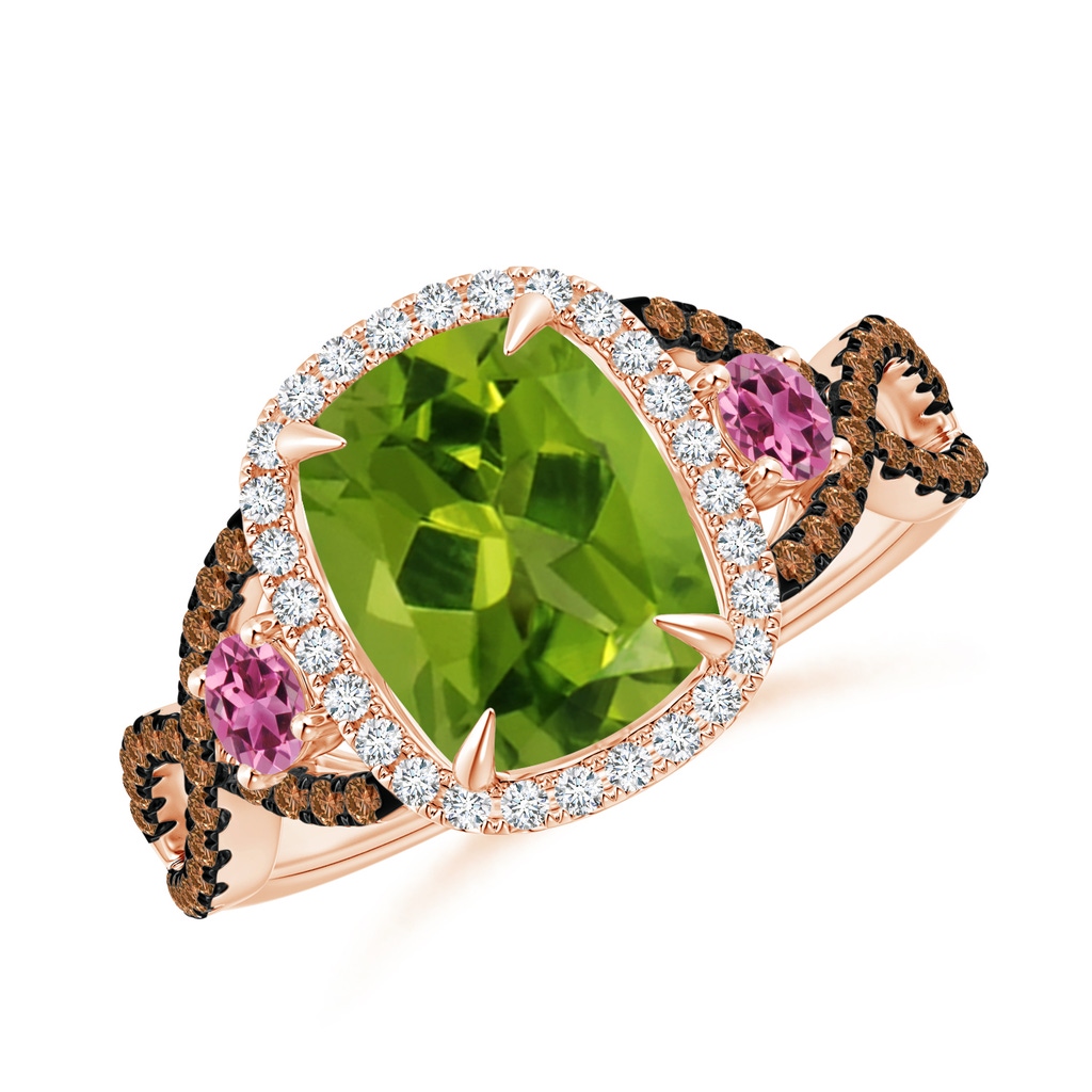 9x7mm AAAA Peridot and Pink Tourmaline Crossover Ring with Halo in Rose Gold