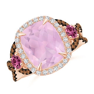 11x9mm AAAA Rose Quartz and Pink Tourmaline Crossover Ring with Halo in Rose Gold