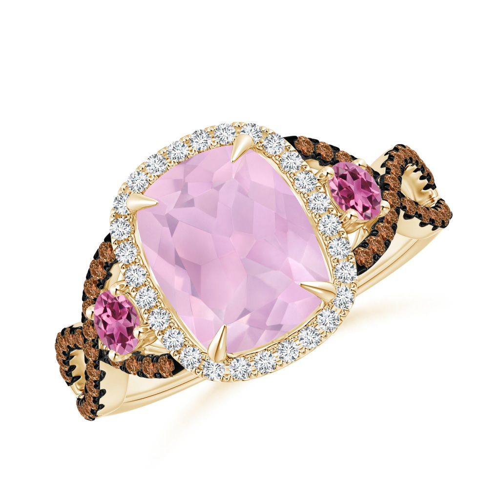 9x7mm AAAA Rose Quartz and Pink Tourmaline Crossover Ring with Halo in Yellow Gold