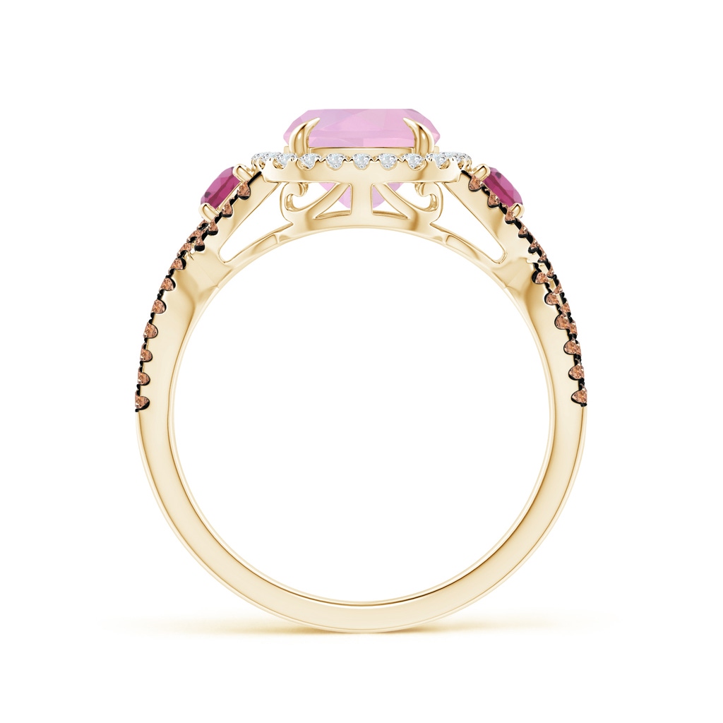 9x7mm AAAA Rose Quartz and Pink Tourmaline Crossover Ring with Halo in Yellow Gold Product Image