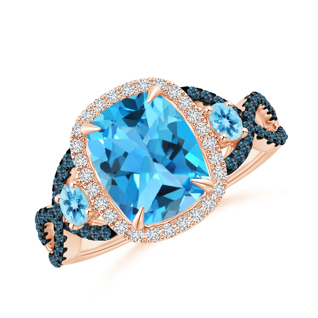 9x7mm AAA Cushion Swiss Blue Topaz Crossover Ring with Diamond Halo in Rose Gold