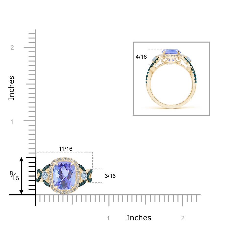10x8mm A Tanzanite and Aquamarine Crossover Ring with Halo in Yellow Gold ruler