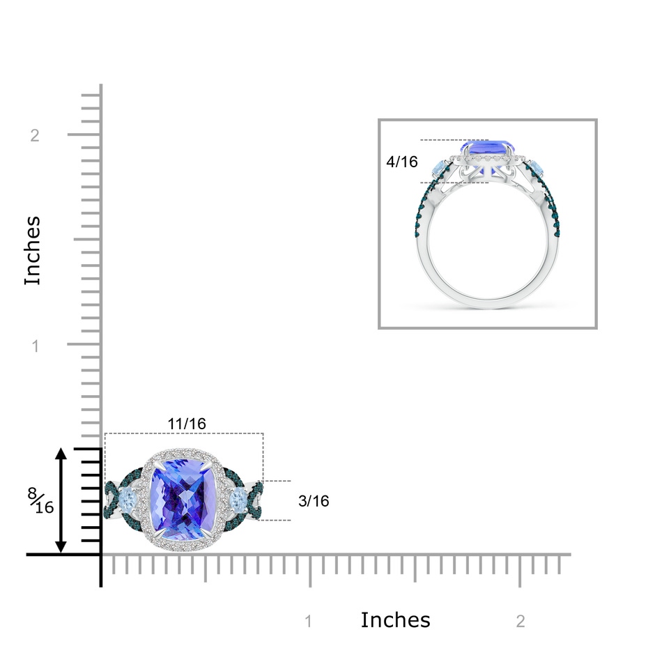 10x8mm AA Tanzanite and Aquamarine Crossover Ring with Halo in White Gold ruler