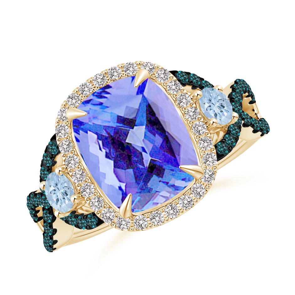 10x8mm AA Tanzanite and Aquamarine Crossover Ring with Halo in Yellow Gold 