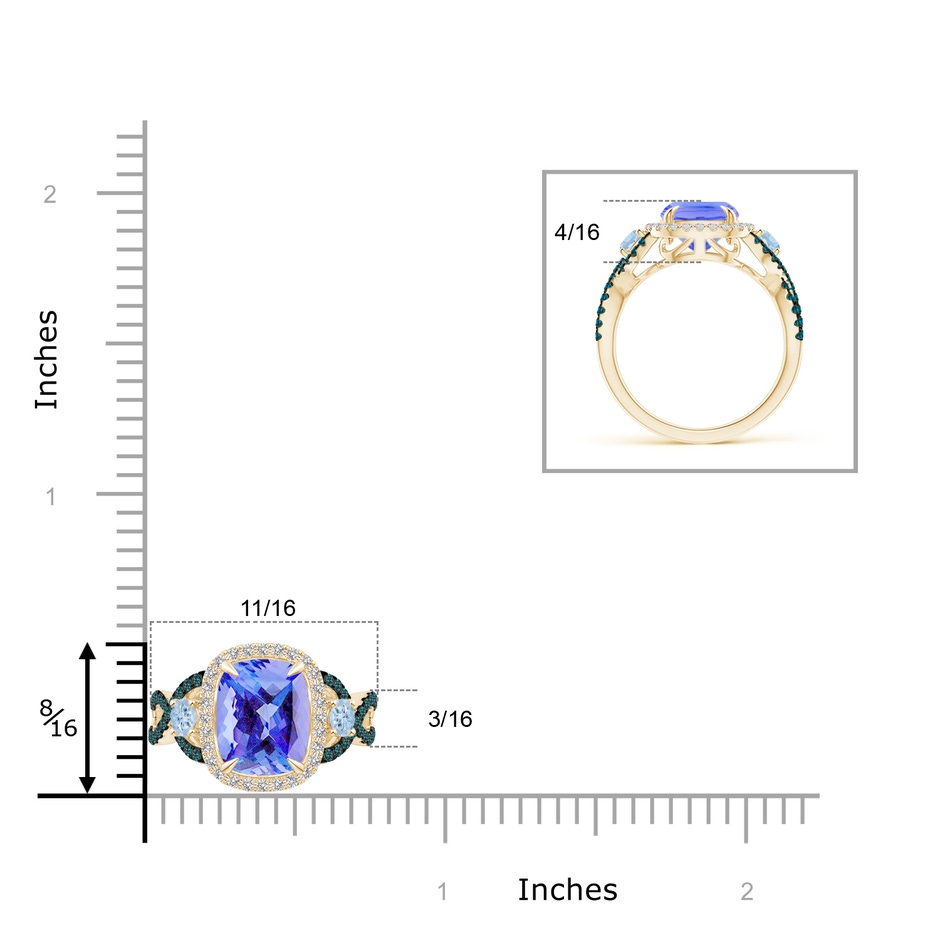 10x8mm AA Tanzanite and Aquamarine Crossover Ring with Halo in Yellow Gold ruler