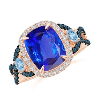 10x8mm AAA Tanzanite and Aquamarine Crossover Ring with Halo in Rose Gold