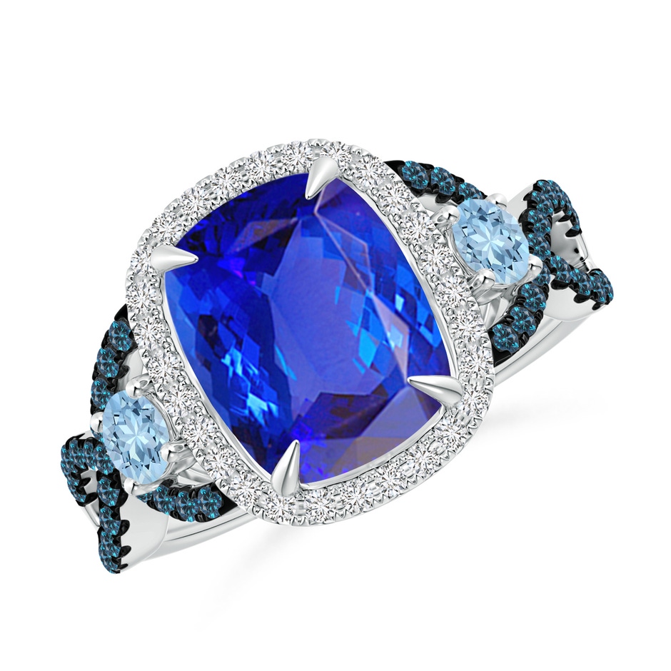 10x8mm AAA Tanzanite and Aquamarine Crossover Ring with Halo in White Gold 