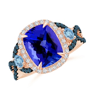 10x8mm AAAA Tanzanite and Aquamarine Crossover Ring with Halo in Rose Gold