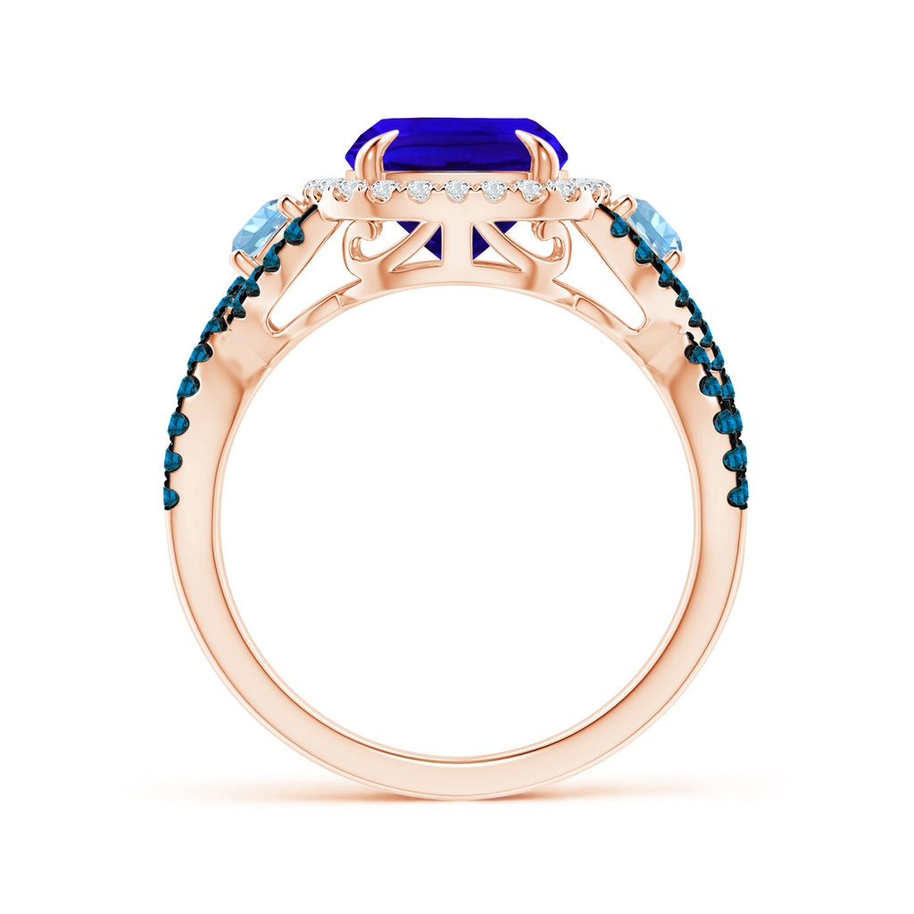 10x8mm AAAA Tanzanite and Aquamarine Crossover Ring with Halo in Rose Gold Side-1